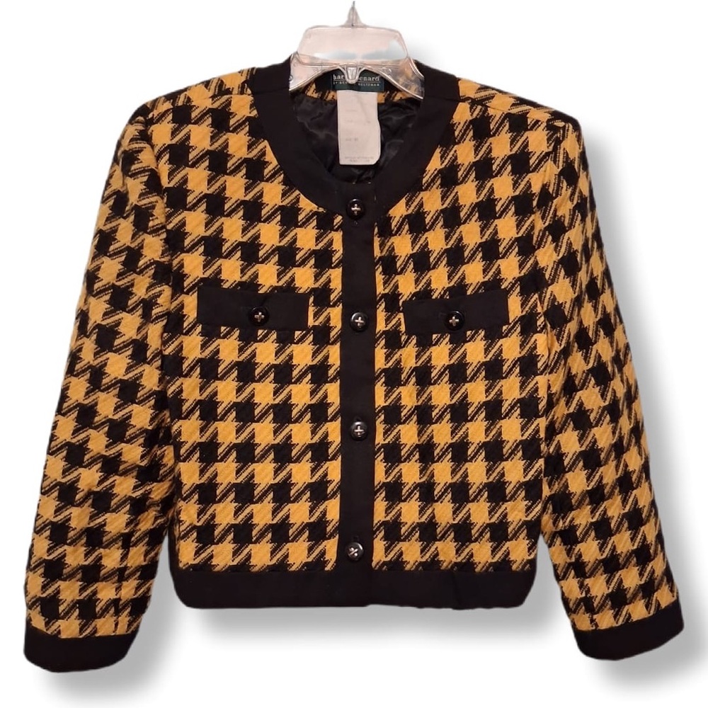 HARVÉ BERNARD Vintage Tweed Houndstooth Blazer Jacket - Black and Yellow Size 12 - Picture 2 of 10